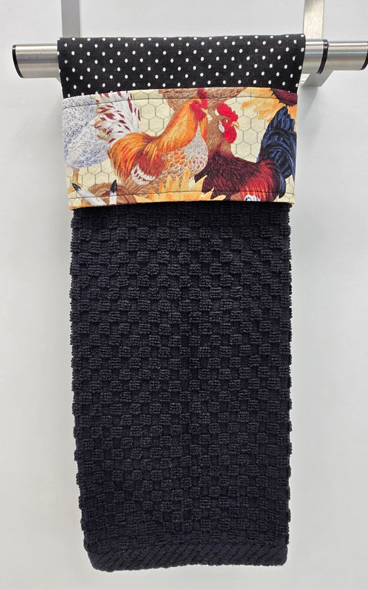 Black Hen House hanging towel with colourful hen-print band