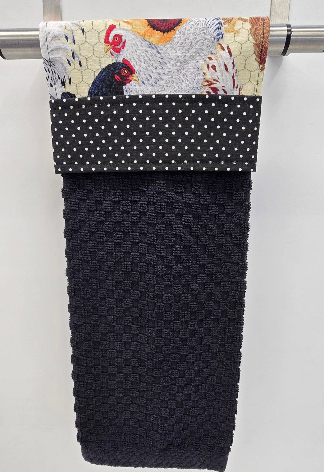 Hen House hanging kitchen towel with black-and-white polka dot band