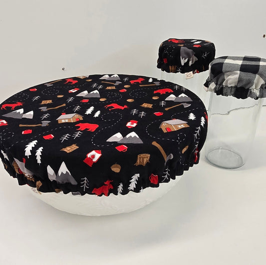 Cabin Trail reversible sourdough bowl cover on bowl, with coordinating jar covers