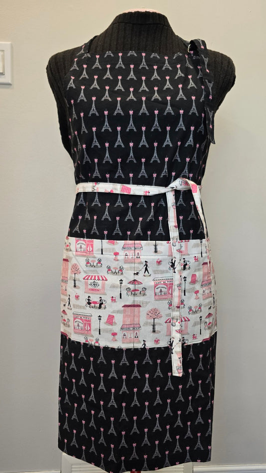 Cafe de Paris handmade apron with black Eiffel Tower print and pink Paris cafe pocket