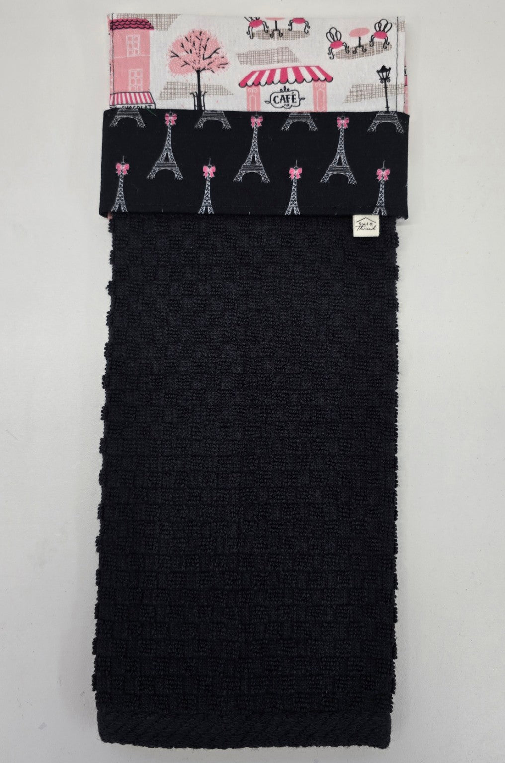 Black hanging towel with Eiffel Tower fabric band and pink Paris café topper