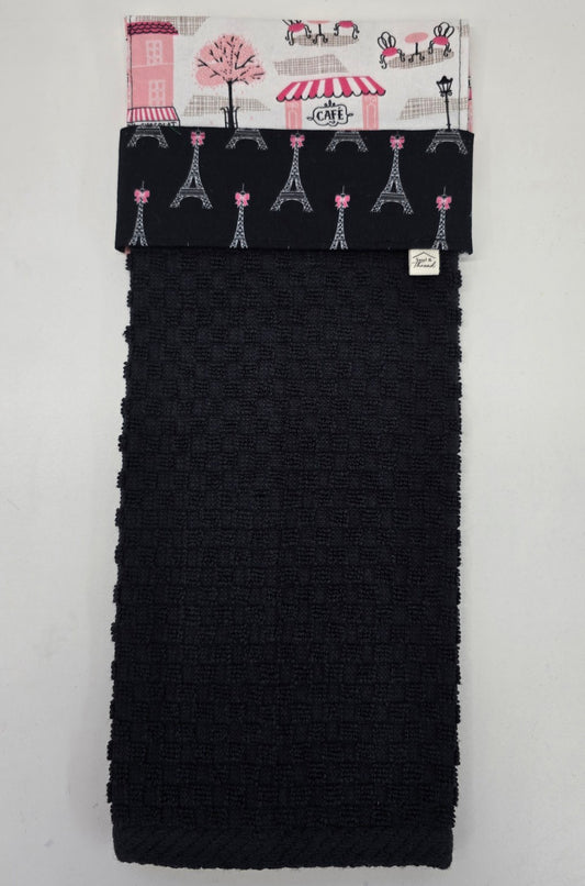 Black hanging towel with Eiffel Tower fabric band and pink Paris café topper