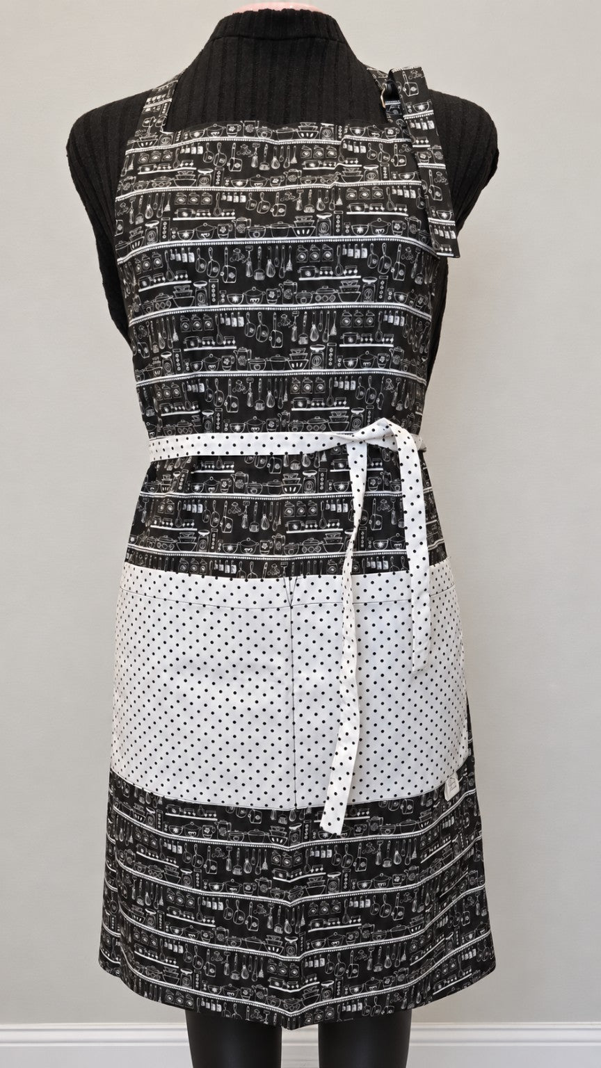 Classic Kitchen handmade full-length apron with black kitchen utensil print and white polka dot pocket