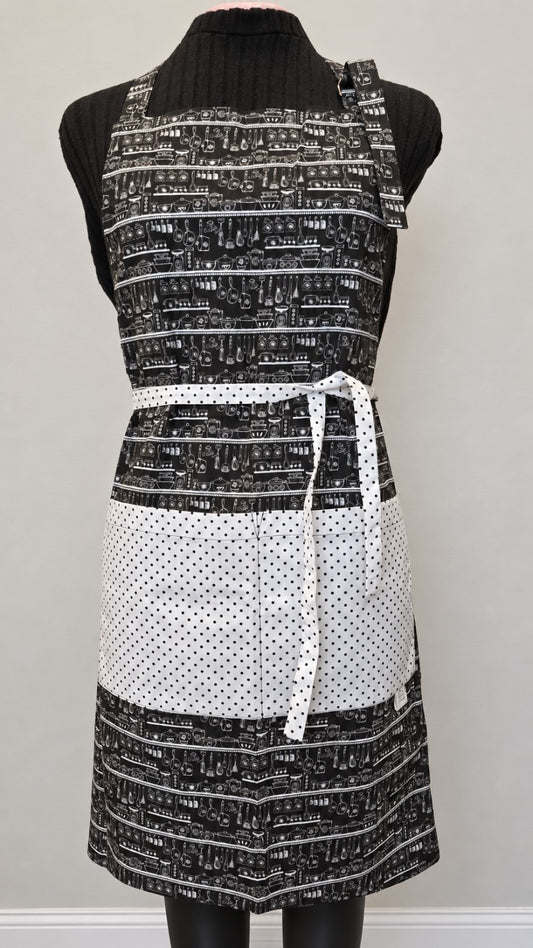 Classic Kitchen handmade full-length apron with black kitchen utensil print and white polka dot pocket