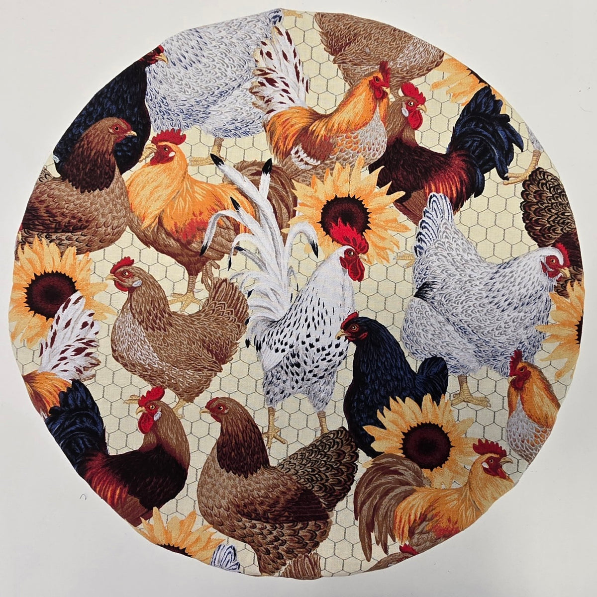 Hen House chicken and sunflower print side of reusable bowl cover laid flat