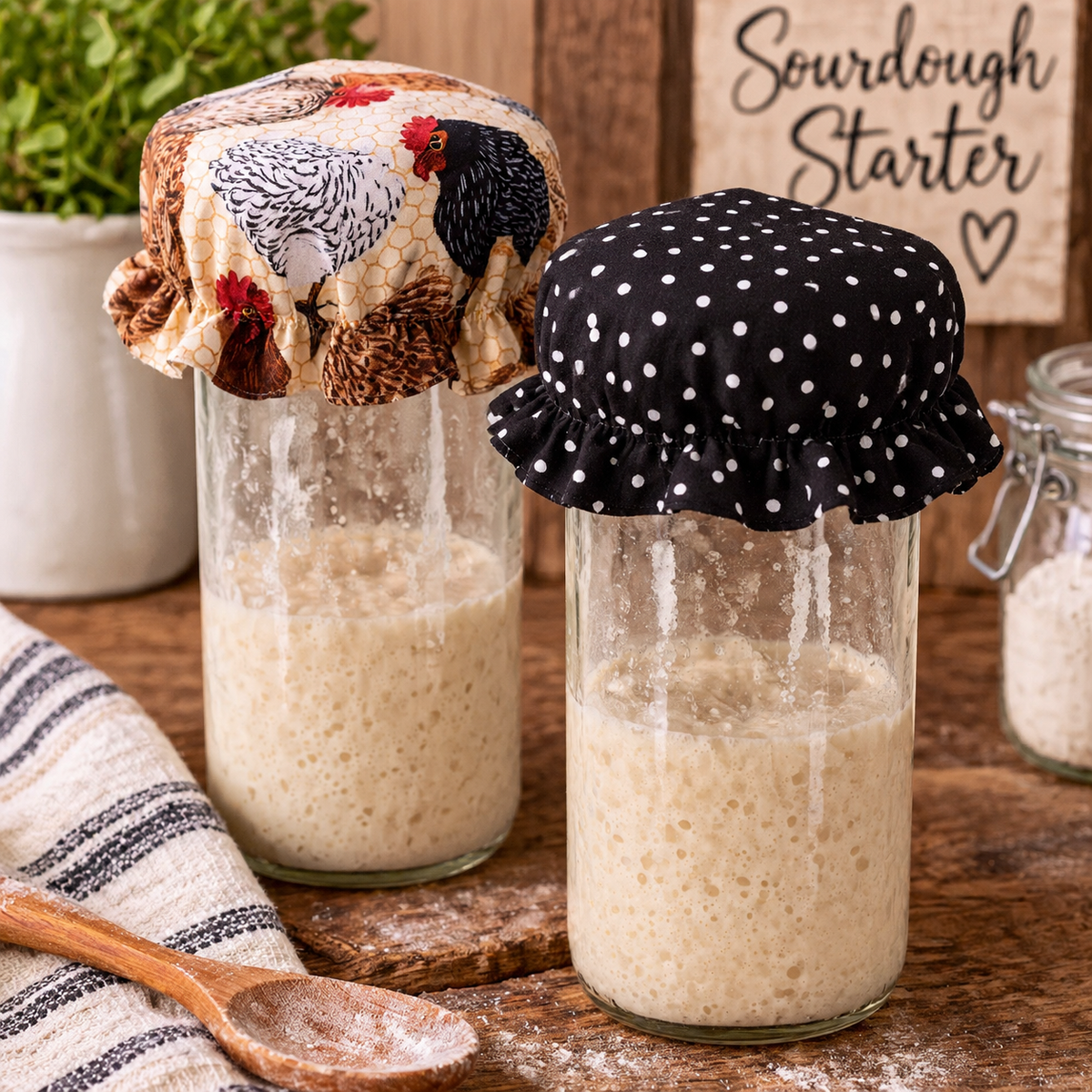 Lifestyle illustration of fabric jar bonnets on tall sourdough starter jars