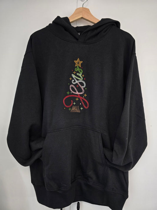 Black Jesus Christmas embroidered hoodie with multicolour Christmas tree lettering