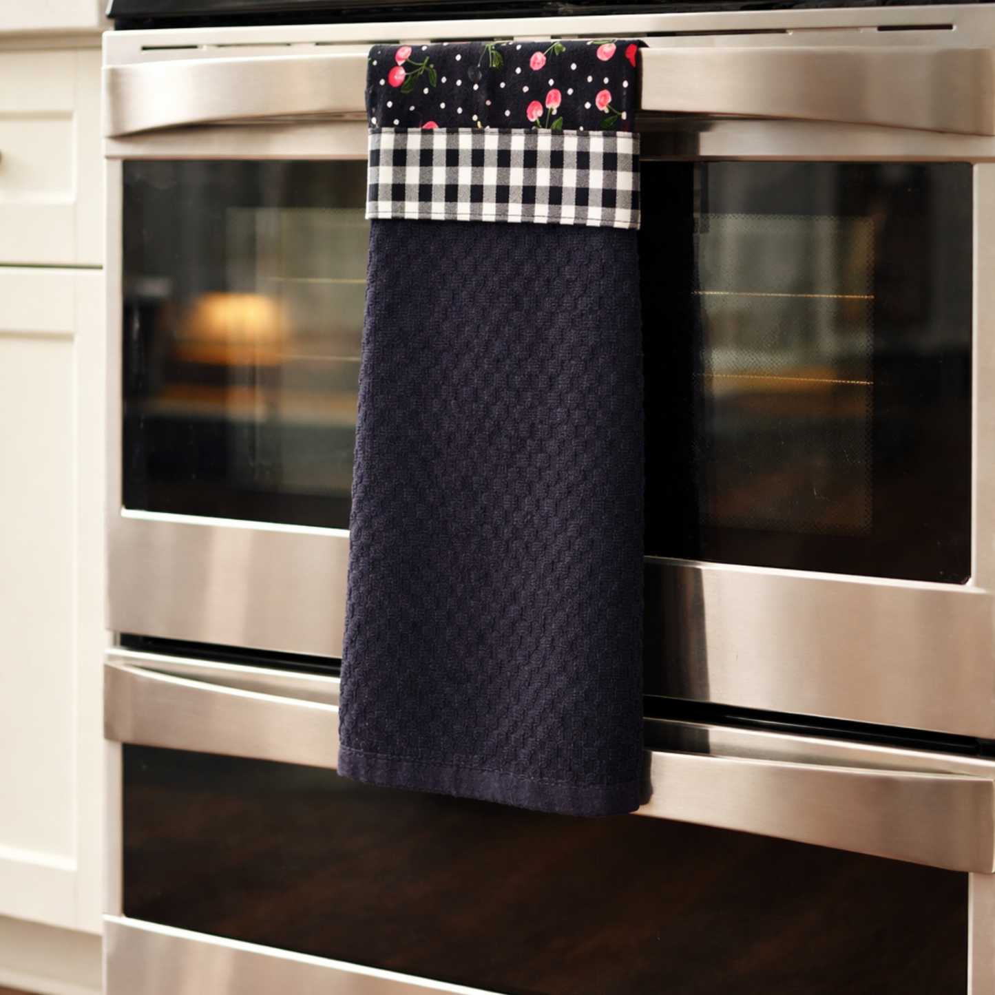 Cherries Jubilee Hanging Kitchen Towel - Black Gingham Band