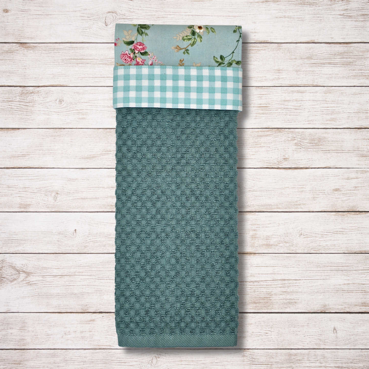 Cottage Garden - Hanging Kitchen Towel - Aqua Gingham Band