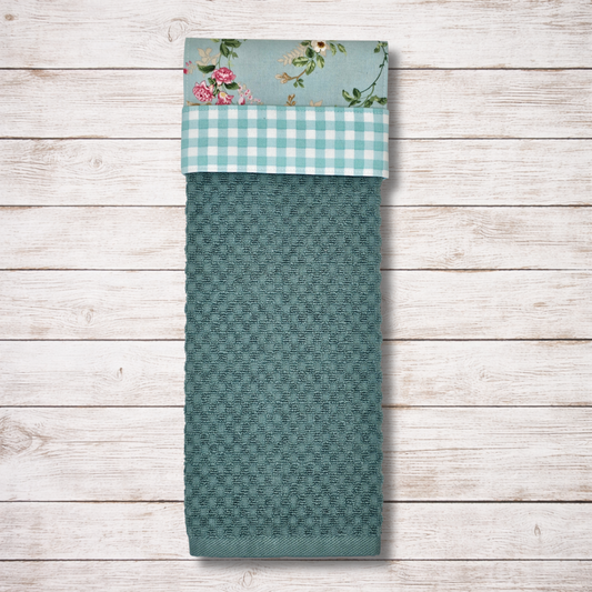 Cottage Garden - Hanging Kitchen Towel - Aqua Gingham Band