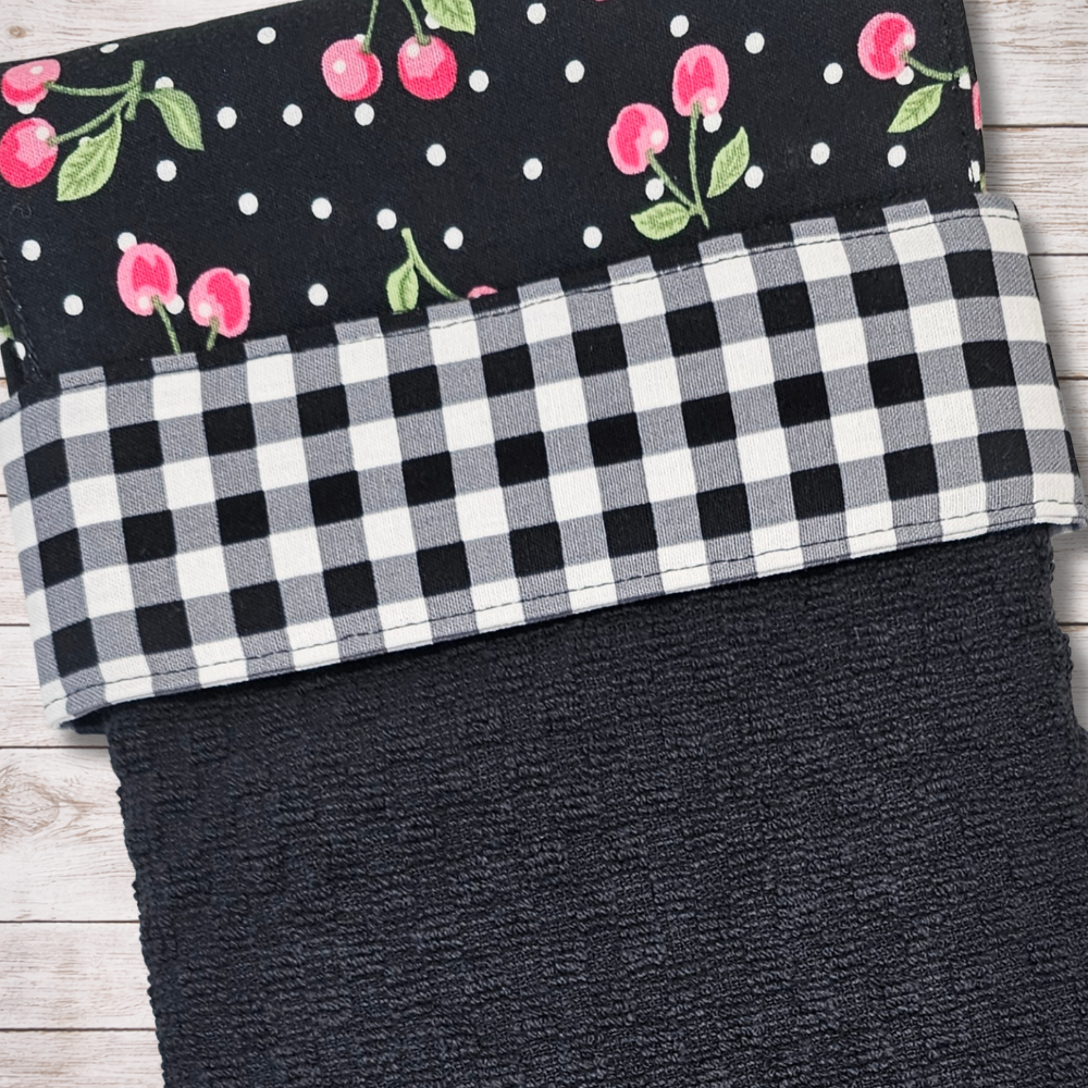 Cherries Jubilee Hanging Kitchen Towel - Black Gingham Band