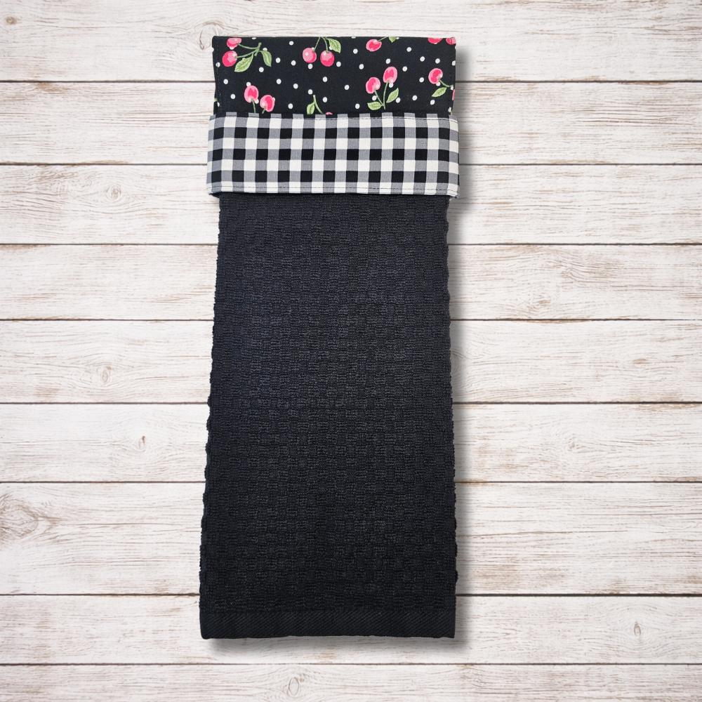 Cherries Jubilee Hanging Kitchen Towel - Black Gingham Band