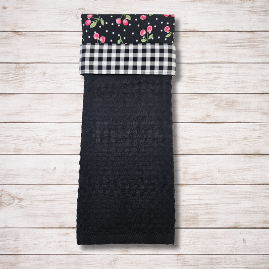 Cherries Jubilee Hanging Kitchen Towel - Black Gingham Band