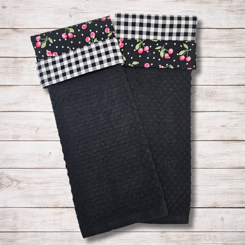 Cherries Jubilee Hanging Kitchen Towel - Black Gingham Band
