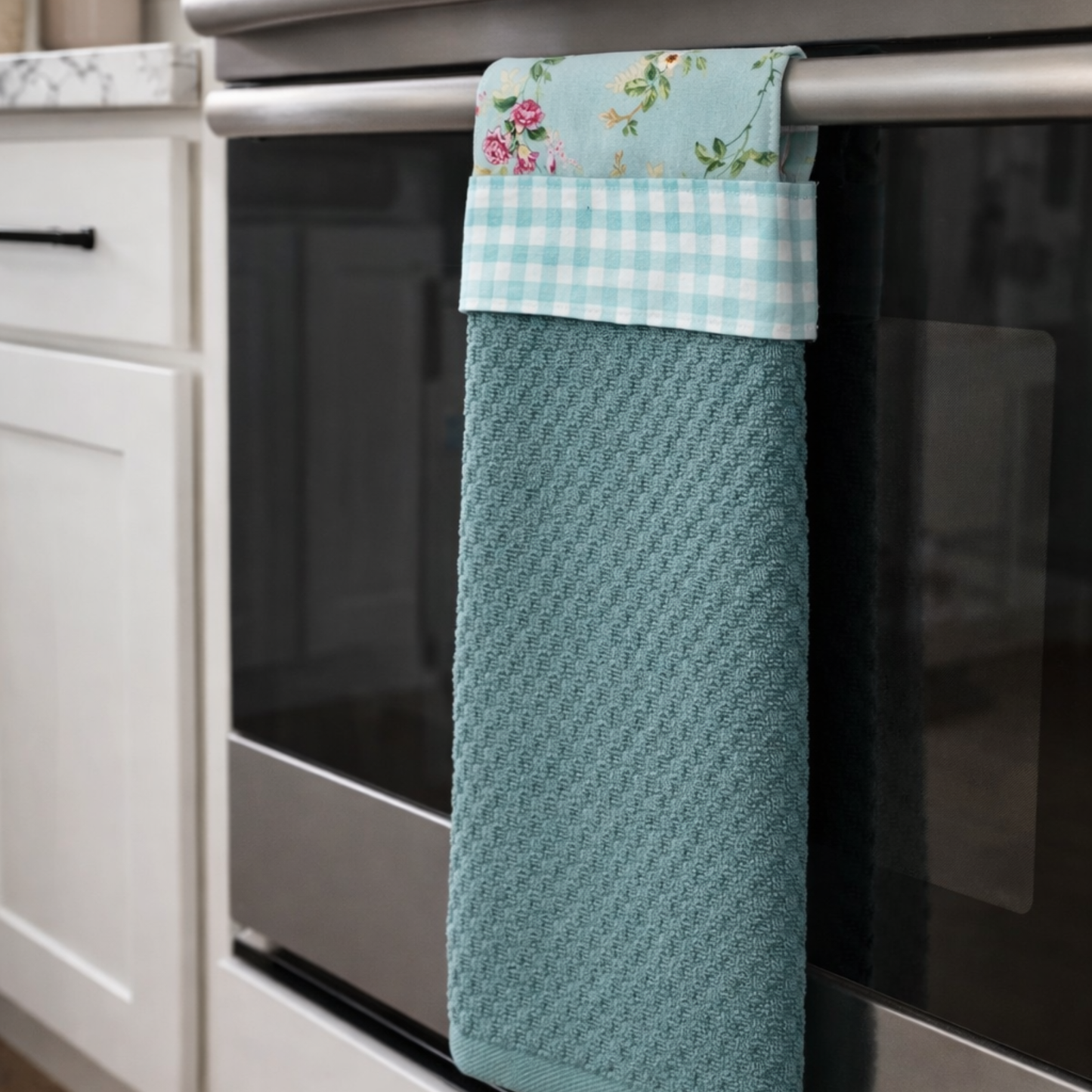 Cottage Garden - Hanging Kitchen Towel - Aqua Gingham Band